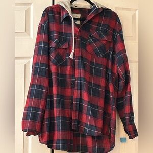 Gioberti Mens Flannel Shirt Hooded Plaid Jacket Red Blue Cotton Large Button Up